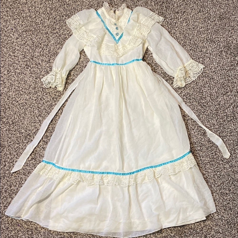 Vintage White and Blue Ruffled Tiered Bridal Gown